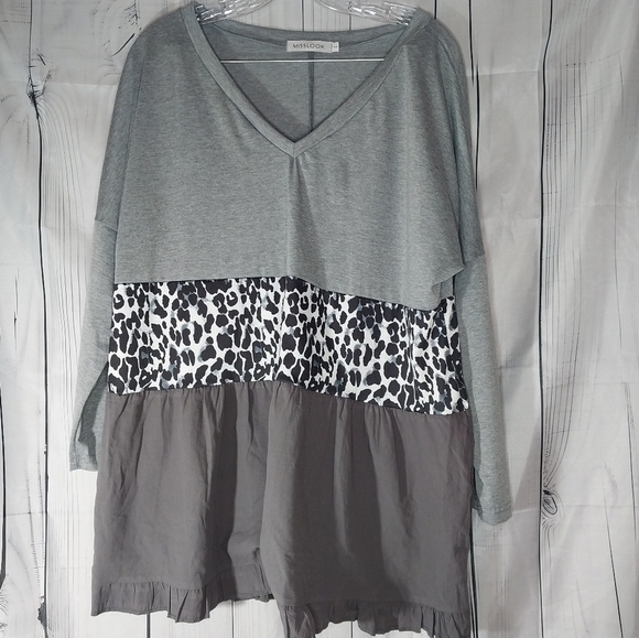 MISSLOOK Tops - Misslook Gray and Black Women's V-Neck Oversized Babydoll boho Top